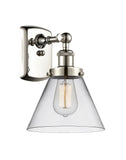 916-1W-PN-G42 1-Light 8" Polished Nickel Sconce - Clear Large Cone Glass - LED Bulb - Dimmensions: 8 x 9 x 13 - Glass Up or Down: Yes