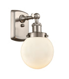 916-1W-SN-G201-6 1-Light 6" Brushed Satin Nickel Sconce - Matte White Cased Beacon Glass - LED Bulb - Dimmensions: 6 x 7.5 x 11 - Glass Up or Down: Yes