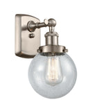 916-1W-SN-G204-6 1-Light 6" Brushed Satin Nickel Sconce - Seedy Beacon Glass - LED Bulb - Dimmensions: 6 x 7.5 x 11 - Glass Up or Down: Yes