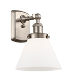 916-1W-SN-G41 1-Light 8" Brushed Satin Nickel Sconce - Matte White Cased Large Cone Glass - LED Bulb - Dimmensions: 8 x 9 x 13 - Glass Up or Down: Yes