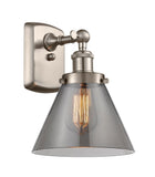 916-1W-SN-G43 1-Light 8" Brushed Satin Nickel Sconce - Plated Smoke Large Cone Glass - LED Bulb - Dimmensions: 8 x 9 x 13 - Glass Up or Down: Yes