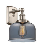 916-1W-SN-G73 1-Light 8" Brushed Satin Nickel Sconce - Plated Smoke Large Bell Glass - LED Bulb - Dimmensions: 8 x 9 x 13 - Glass Up or Down: Yes