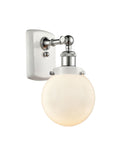 916-1W-WPC-G201-6 1-Light 6" White and Polished Chrome Sconce - Matte White Cased Beacon Glass - LED Bulb - Dimmensions: 6 x 7.5 x 11 - Glass Up or Down: Yes