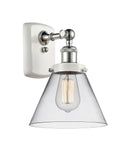 916-1W-WPC-G42 1-Light 8" White and Polished Chrome Sconce - Clear Large Cone Glass - LED Bulb - Dimmensions: 8 x 9 x 13 - Glass Up or Down: Yes