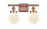 2-Light 16" Antique Copper Bath Vanity Light - Matte White Cased Beacon Glass LED