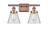 2-Light 16" Antique Copper Bath Vanity Light - Clear Small Cone Glass LED