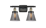 916-2W-BAB-G63 2-Light 16" Black Antique Brass Bath Vanity Light - Plated Smoke Small Cone Glass - LED Bulb - Dimmensions: 16 x 7.5 x 11 - Glass Up or Down: Yes