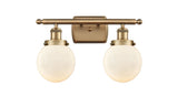 916-2W-BB-G201-6 2-Light 16" Brushed Brass Bath Vanity Light - Matte White Cased Beacon Glass - LED Bulb - Dimmensions: 16 x 7.5 x 11 - Glass Up or Down: Yes