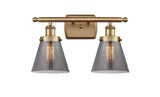 916-2W-BB-G63 2-Light 16" Brushed Brass Bath Vanity Light - Plated Smoke Small Cone Glass - LED Bulb - Dimmensions: 16 x 7.5 x 11 - Glass Up or Down: Yes
