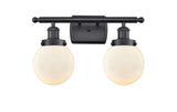 916-2W-BK-G201-6 2-Light 16" Matte Black Bath Vanity Light - Matte White Cased Beacon Glass - LED Bulb - Dimmensions: 16 x 7.5 x 11 - Glass Up or Down: Yes
