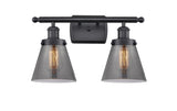 916-2W-BK-G63 2-Light 16" Matte Black Bath Vanity Light - Plated Smoke Small Cone Glass - LED Bulb - Dimmensions: 16 x 7.5 x 11 - Glass Up or Down: Yes