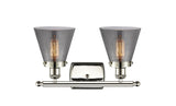 916-2W-PN-G63 2-Light 16" Polished Nickel Bath Vanity Light - Plated Smoke Small Cone Glass - LED Bulb - Dimmensions: 16 x 7.5 x 11 - Glass Up or Down: Yes