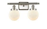 916-2W-SN-G201-6 2-Light 16" Brushed Satin Nickel Bath Vanity Light - Matte White Cased Beacon Glass - LED Bulb - Dimmensions: 16 x 7.5 x 11 - Glass Up or Down: Yes