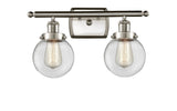 916-2W-SN-G202-6 2-Light 16" Brushed Satin Nickel Bath Vanity Light - Clear Beacon Glass - LED Bulb - Dimmensions: 16 x 7.5 x 11 - Glass Up or Down: Yes