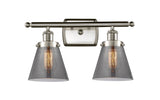 916-2W-SN-G63 2-Light 16" Brushed Satin Nickel Bath Vanity Light - Plated Smoke Small Cone Glass - LED Bulb - Dimmensions: 16 x 7.5 x 11 - Glass Up or Down: Yes