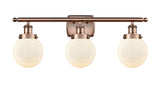 3-Light 26" Antique Copper Bath Vanity Light - Matte White Cased Beacon Glass LED