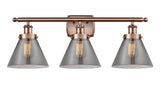 916-3W-AC-G43 3-Light 26" Antique Copper Bath Vanity Light - Plated Smoke Large Cone Glass - LED Bulb - Dimmensions: 26 x 9 x 13 - Glass Up or Down: Yes