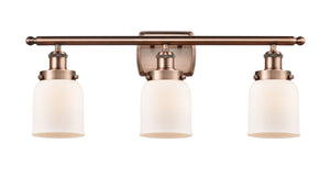 3-Light 26" Antique Copper Bath Vanity Light - Matte White Cased Small Bell Glass LED