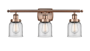 3-Light 26" Antique Copper Bath Vanity Light - Clear Small Bell Glass LED