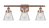 3-Light 26" Antique Copper Bath Vanity Light - Clear Small Cone Glass LED
