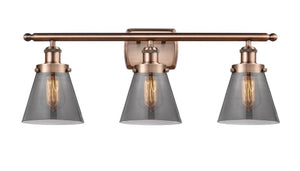 3-Light 26" Small Cone Bath Vanity Light - Plated Smoke Small Cone Glass - Choice of Finish And Incandesent Or LED Bulbs