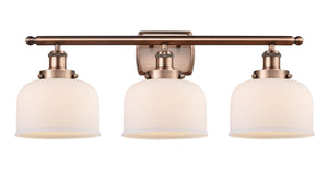 3-Light 26" Antique Copper Bath Vanity Light - Matte White Cased Large Bell Glass LED