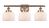 3-Light 26" Antique Copper Bath Vanity Light - Matte White Cased Large Bell Glass LED
