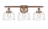 3-Light 26" Antique Copper Bath Vanity Light - Clear Deco Swirl Large Bell Glass LED