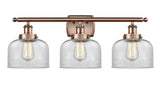 3-Light 26" Antique Copper Bath Vanity Light - Clear Large Bell Glass LED