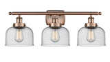 916-3W-AC-G74 3-Light 26" Antique Copper Bath Vanity Light - Seedy Large Bell Glass - LED Bulb - Dimmensions: 26 x 9 x 13 - Glass Up or Down: Yes