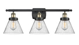916-3W-BAB-G44 3-Light 26" Black Antique Brass Bath Vanity Light - Seedy Large Cone Glass - LED Bulb - Dimmensions: 26 x 9 x 13 - Glass Up or Down: Yes