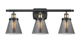 916-3W-BAB-G63 3-Light 26" Black Antique Brass Bath Vanity Light - Plated Smoke Small Cone Glass - LED Bulb - Dimmensions: 26 x 7.5 x 11 - Glass Up or Down: Yes