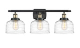 3-Light 26" Antique Copper Bath Vanity Light - Clear Deco Swirl Large Bell Glass LED