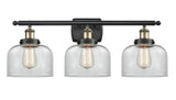 916-3W-BAB-G72 3-Light 26" Black Antique Brass Bath Vanity Light - Clear Large Bell Glass - LED Bulb - Dimmensions: 26 x 9 x 13 - Glass Up or Down: Yes