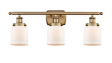 916-3W-BB-G51 3-Light 26" Brushed Brass Bath Vanity Light - Matte White Cased Small Bell Glass - LED Bulb - Dimmensions: 26 x 6.5 x 12 - Glass Up or Down: Yes