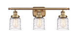 916-3W-BB-G513 3-Light 26" Brushed Brass Bath Vanity Light - Clear Deco Swirl Small Bell Glass - LED Bulb - Dimmensions: 26 x 6.5 x 12 - Glass Up or Down: Yes