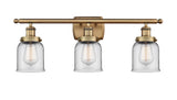 916-3W-BB-G52 3-Light 26" Brushed Brass Bath Vanity Light - Clear Small Bell Glass - LED Bulb - Dimmensions: 26 x 6.5 x 12 - Glass Up or Down: Yes