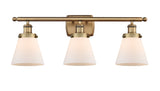 916-3W-BB-G61 3-Light 26" Brushed Brass Bath Vanity Light - Matte White Cased Small Cone Glass - LED Bulb - Dimmensions: 26 x 7.5 x 11 - Glass Up or Down: Yes
