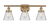 916-3W-BB-G62 3-Light 26" Brushed Brass Bath Vanity Light - Clear Small Cone Glass - LED Bulb - Dimmensions: 26 x 7.5 x 11 - Glass Up or Down: Yes