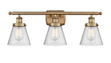 916-3W-BB-G64 3-Light 26" Brushed Brass Bath Vanity Light - Seedy Small Cone Glass - LED Bulb - Dimmensions: 26 x 7.5 x 11 - Glass Up or Down: Yes