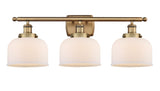 916-3W-BB-G71 3-Light 26" Brushed Brass Bath Vanity Light - Matte White Cased Large Bell Glass - LED Bulb - Dimmensions: 26 x 9 x 13 - Glass Up or Down: Yes
