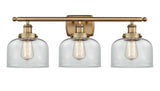 916-3W-BB-G72 3-Light 26" Brushed Brass Bath Vanity Light - Clear Large Bell Glass - LED Bulb - Dimmensions: 26 x 9 x 13 - Glass Up or Down: Yes