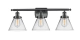 916-3W-BK-G42 3-Light 26" Matte Black Bath Vanity Light - Clear Large Cone Glass - LED Bulb - Dimmensions: 26 x 9 x 13 - Glass Up or Down: Yes