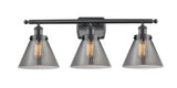 916-3W-BK-G43 3-Light 26" Matte Black Bath Vanity Light - Plated Smoke Large Cone Glass - LED Bulb - Dimmensions: 26 x 9 x 13 - Glass Up or Down: Yes
