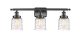 916-3W-BK-G513 3-Light 26" Matte Black Bath Vanity Light - Clear Deco Swirl Small Bell Glass - LED Bulb - Dimmensions: 26 x 6.5 x 12 - Glass Up or Down: Yes