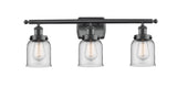 916-3W-BK-G52 3-Light 26" Matte Black Bath Vanity Light - Clear Small Bell Glass - LED Bulb - Dimmensions: 26 x 6.5 x 12 - Glass Up or Down: Yes