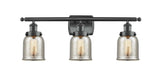 916-3W-BK-G58 3-Light 26" Matte Black Bath Vanity Light - Silver Plated Mercury Small Bell Glass - LED Bulb - Dimmensions: 26 x 6.5 x 12 - Glass Up or Down: Yes
