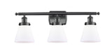 916-3W-BK-G61 3-Light 26" Matte Black Bath Vanity Light - Matte White Cased Small Cone Glass - LED Bulb - Dimmensions: 26 x 7.5 x 11 - Glass Up or Down: Yes