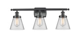 916-3W-BK-G62 3-Light 26" Matte Black Bath Vanity Light - Clear Small Cone Glass - LED Bulb - Dimmensions: 26 x 7.5 x 11 - Glass Up or Down: Yes