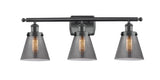 916-3W-BK-G63 3-Light 26" Matte Black Bath Vanity Light - Plated Smoke Small Cone Glass - LED Bulb - Dimmensions: 26 x 7.5 x 11 - Glass Up or Down: Yes